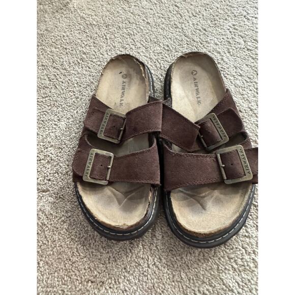Airwalk Double Strap Brown Leather Sandals w/ Buckles Men's Size 7 Cork Footbed - Picture 10 of 11